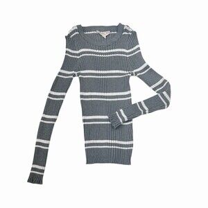 Pink Republic Striped Ribbed Sweater Gray White Scoop Neck Size M Slim Fit
